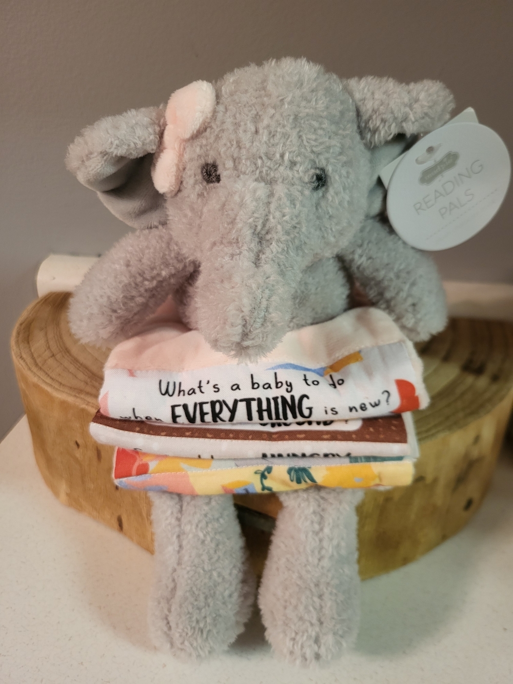 Mud Pie Gray Elephant Plush with Pink Ear and Colorful Cloth Pages